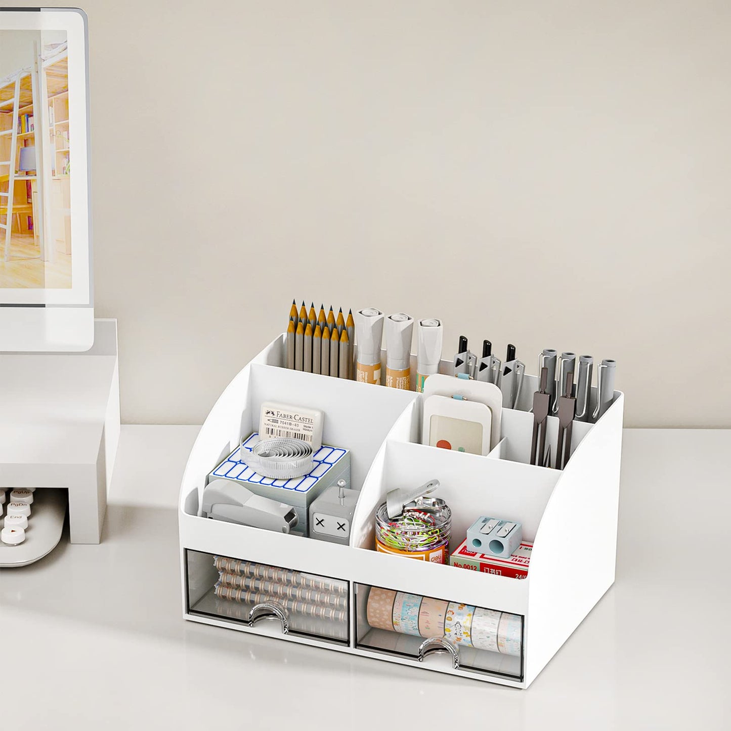 Desk Organizer with 6 Compartments & 2 Drawers – White