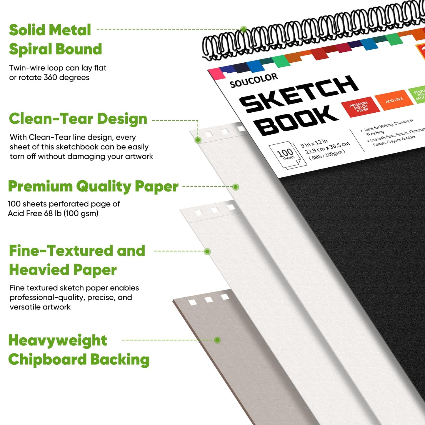 Soucolor Spiral Sketch Book – 9x12", 100 Sheets