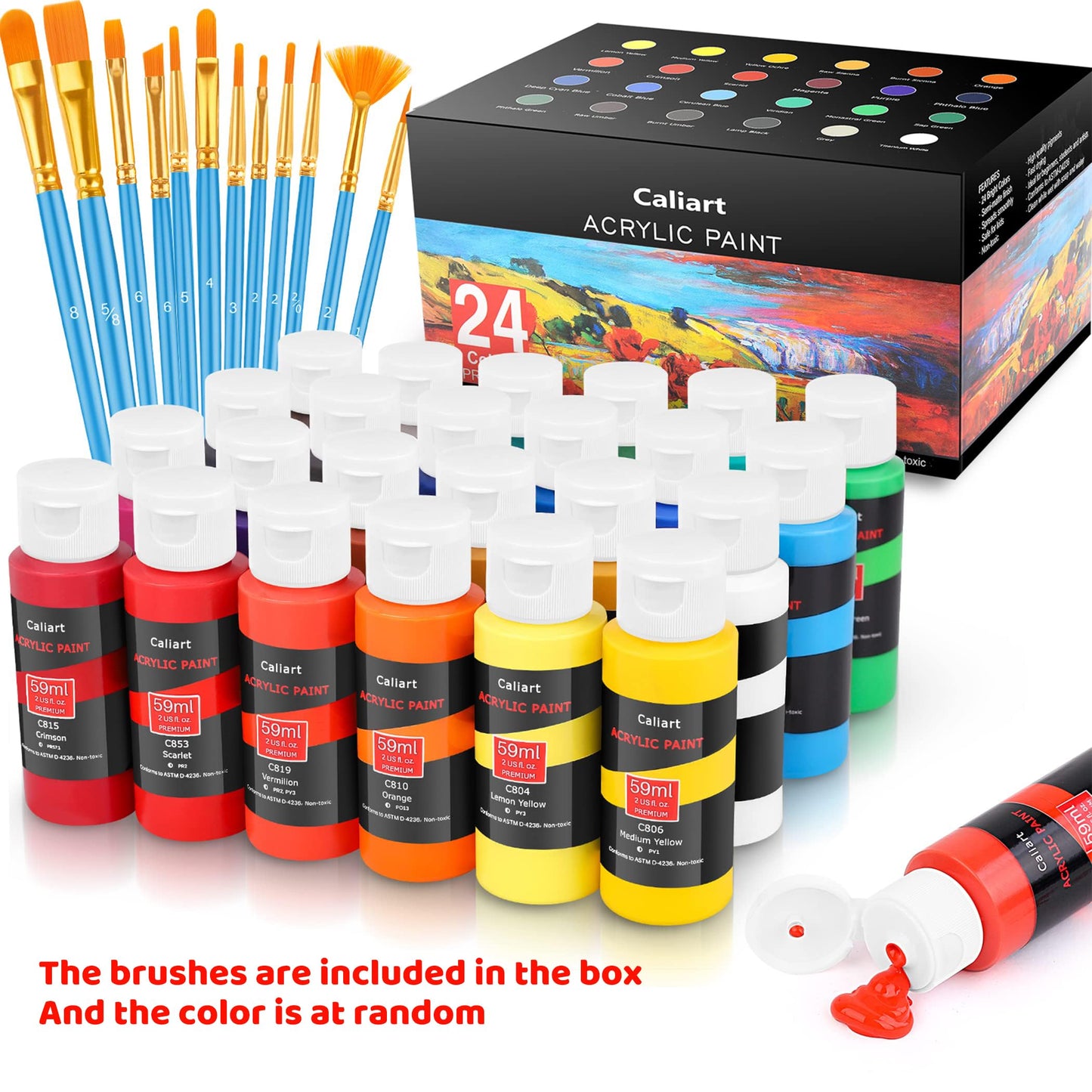 Caliart 24 Acrylic Paint Set with 12 Brushes for Crafts