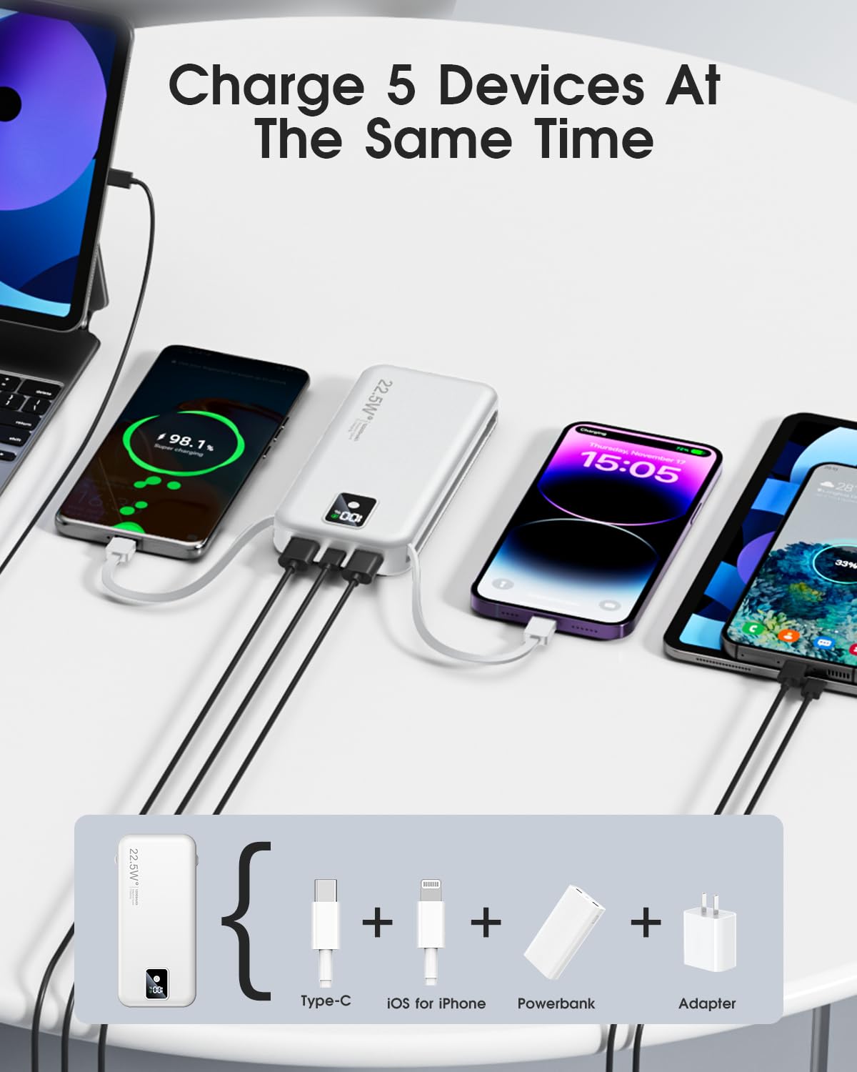 Portable Power Bank 12000mAh with Built-in Cables – Fast Charging