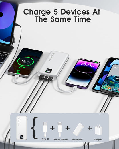 Portable Power Bank 12000mAh with Built-in Cables – Fast Charging