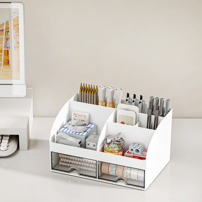 Desk Organizer with 6 Compartments & 2 Drawers – White