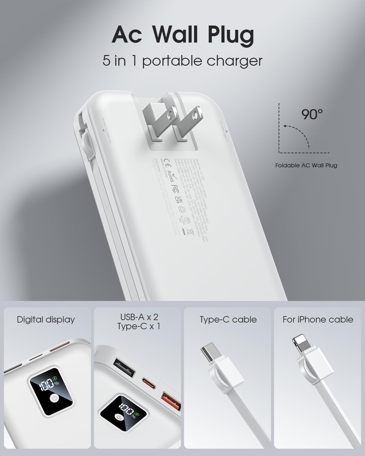 Portable Power Bank 12000mAh with Built-in Cables – Fast Charging