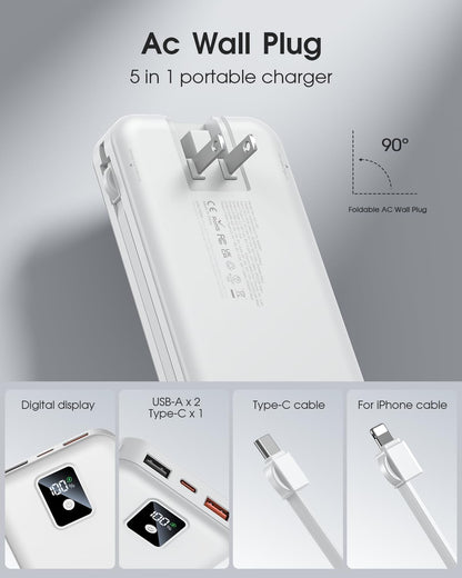Portable Power Bank 12000mAh with Built-in Cables – Fast Charging