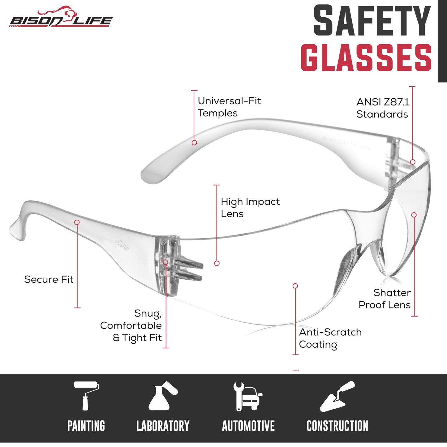 BISON LIFE Clear Safety Glasses – 12 Pack Box