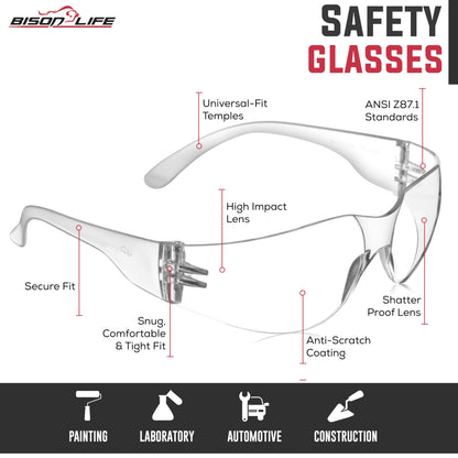 BISON LIFE Clear Safety Glasses – 12 Pack Box