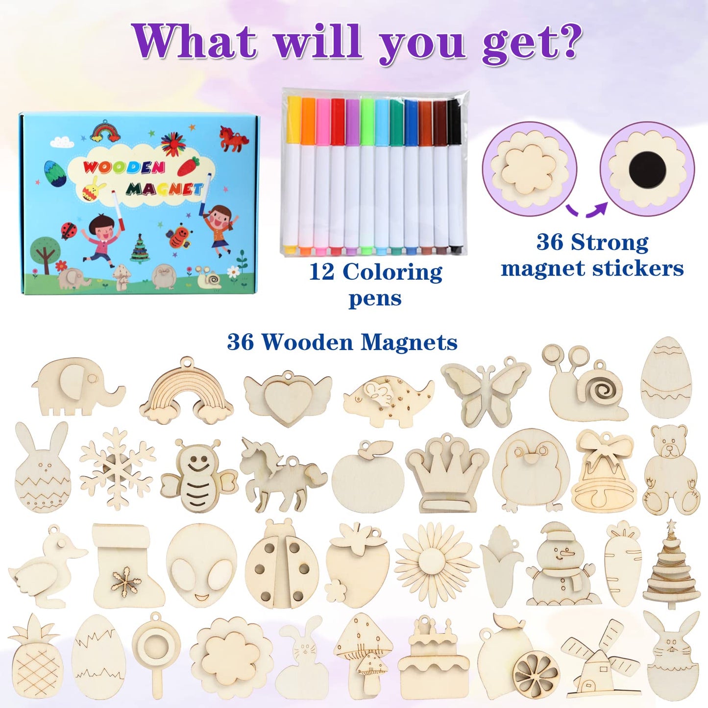 Worgree DIY Wooden Magnets Painting Kit – 36 pcs