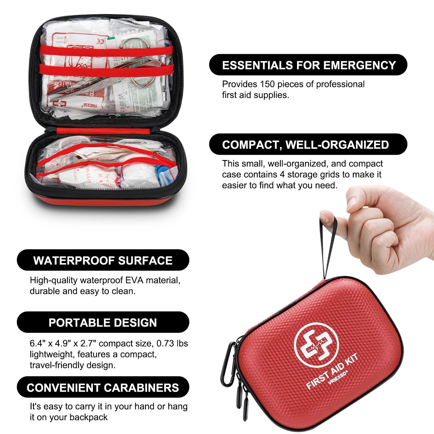 Mini 150-Piece Waterproof Hard Shell First Aid Kit – Red