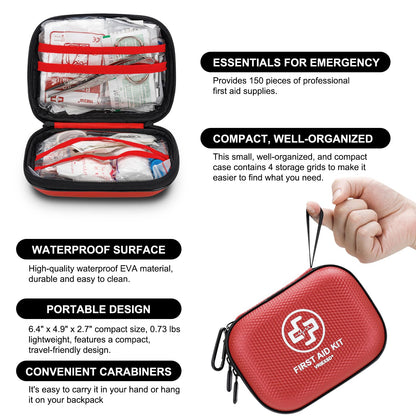 Mini 150-Piece Waterproof Hard Shell First Aid Kit – Red