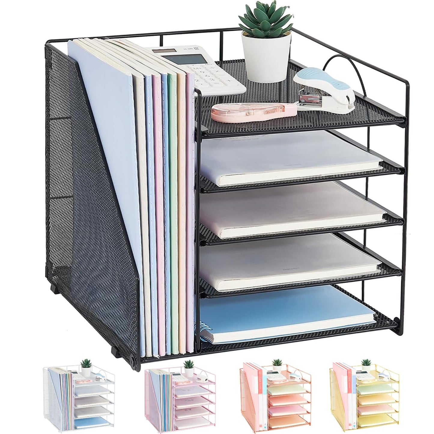 LEKETREE 5-Tier Desk Letter Tray Organizer with File Holder – Black