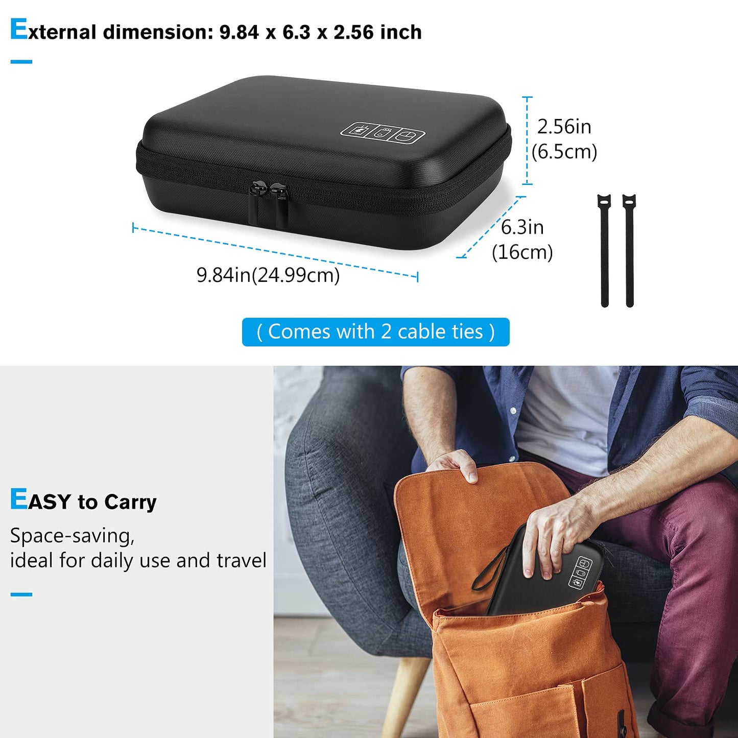 ProCase Hard Travel Electronic Organizer Bag – Large, Black