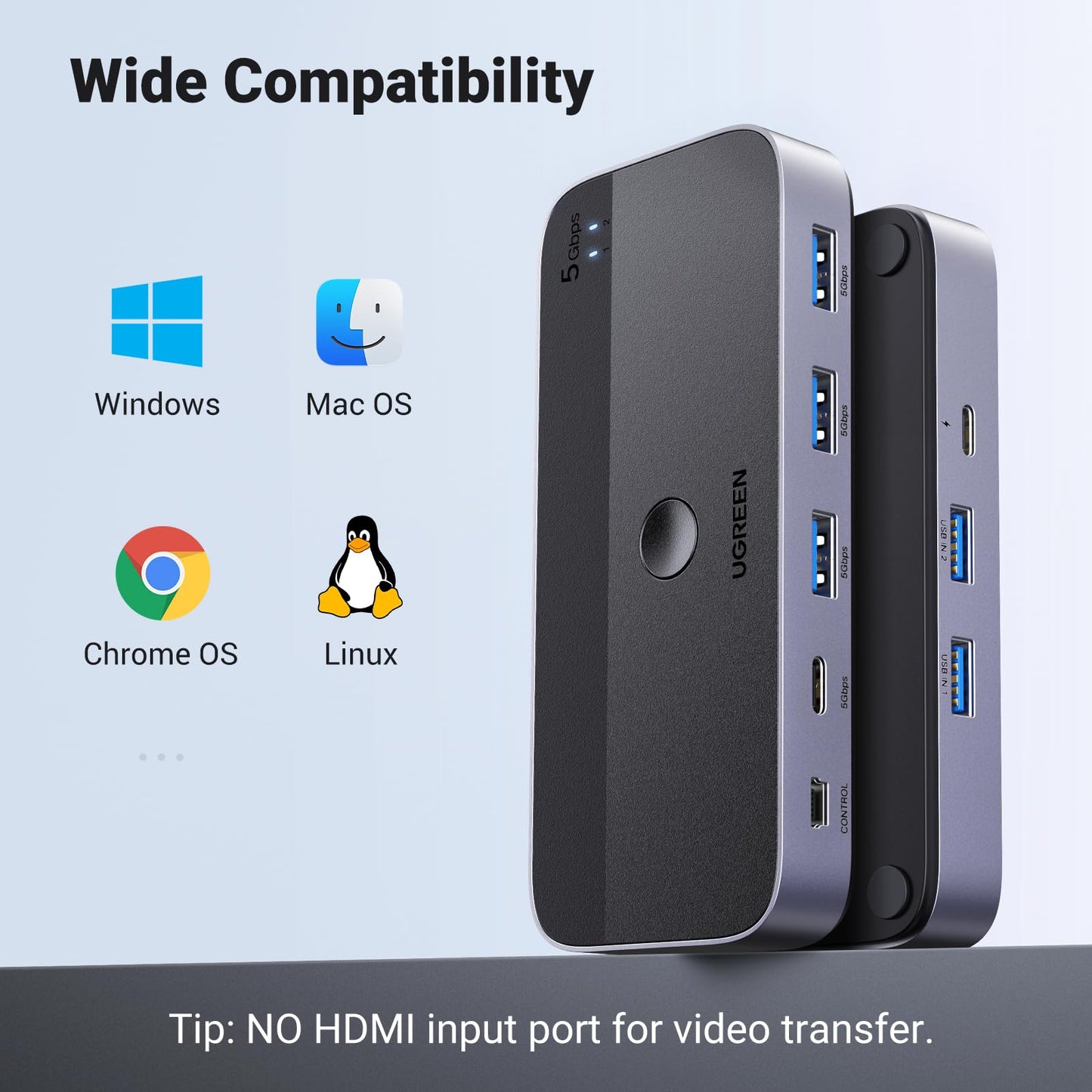 UGREEN 4-Port USB 3.0 Switch for 2 Computers – Includes 2 Cables