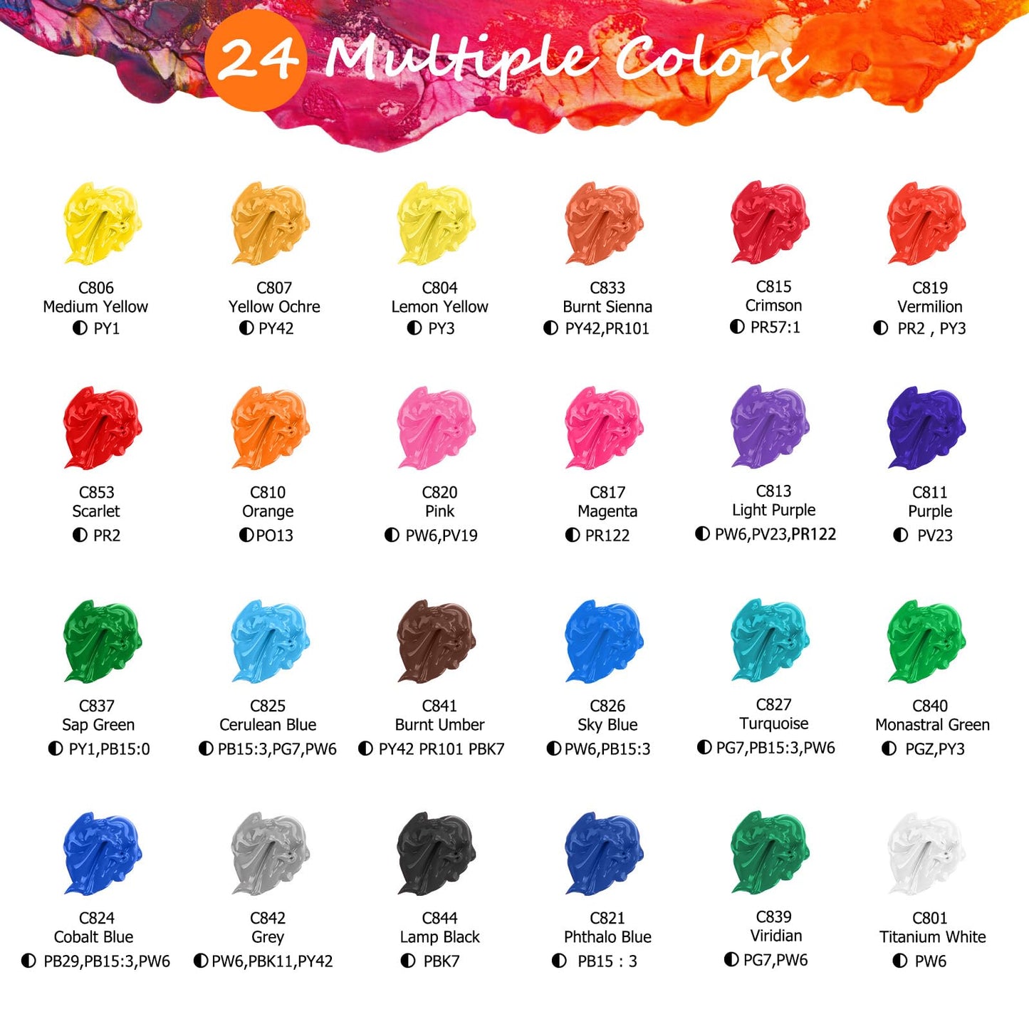 Caliart 24 Acrylic Paint Set with 12 Brushes for Crafts