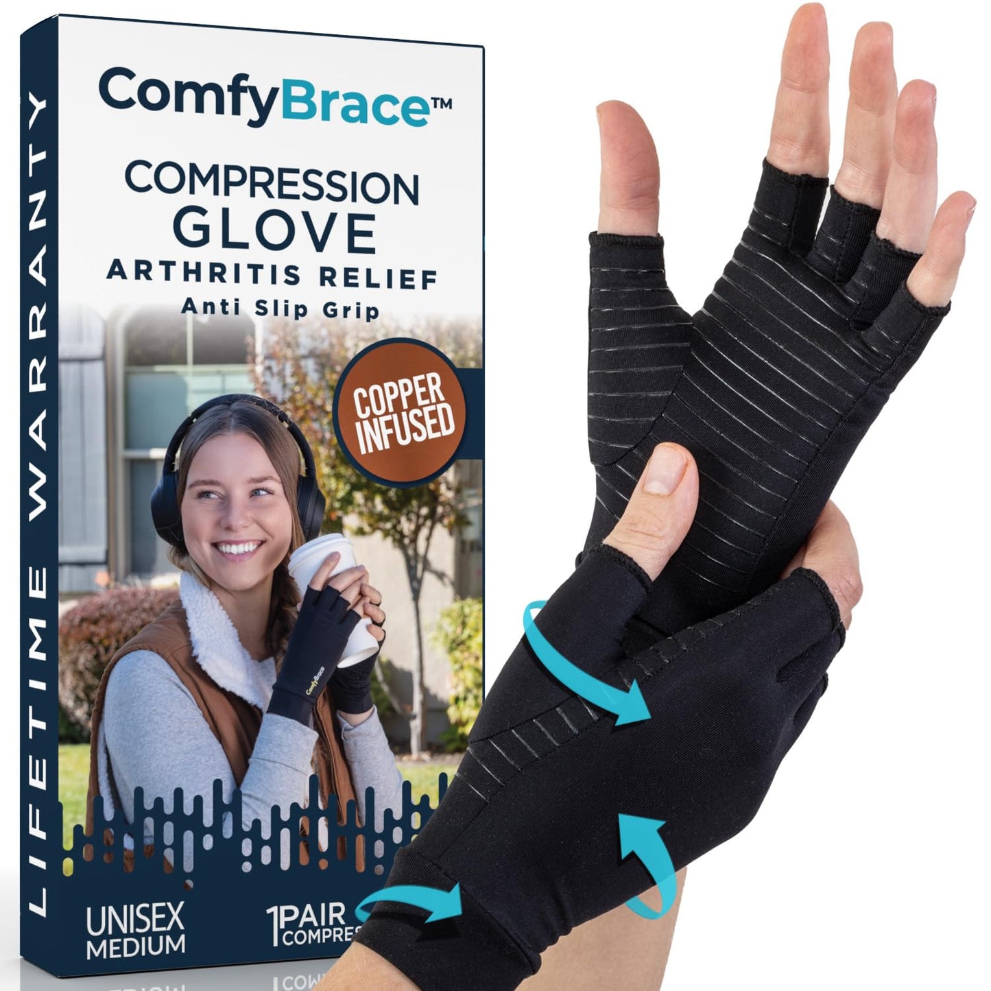ComfyBrace Copper Compression Arthritis Gloves for Pain Relief