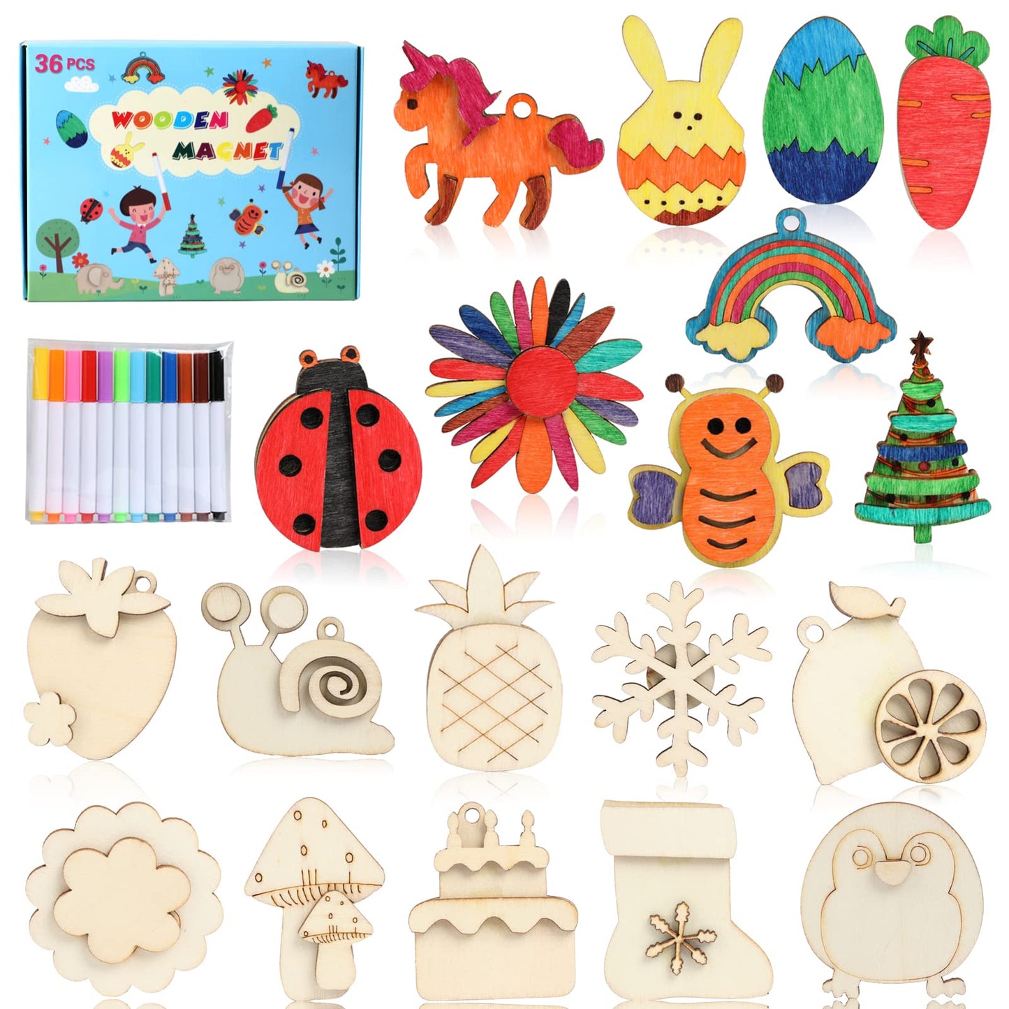 Worgree DIY Wooden Magnets Painting Kit – 36 pcs
