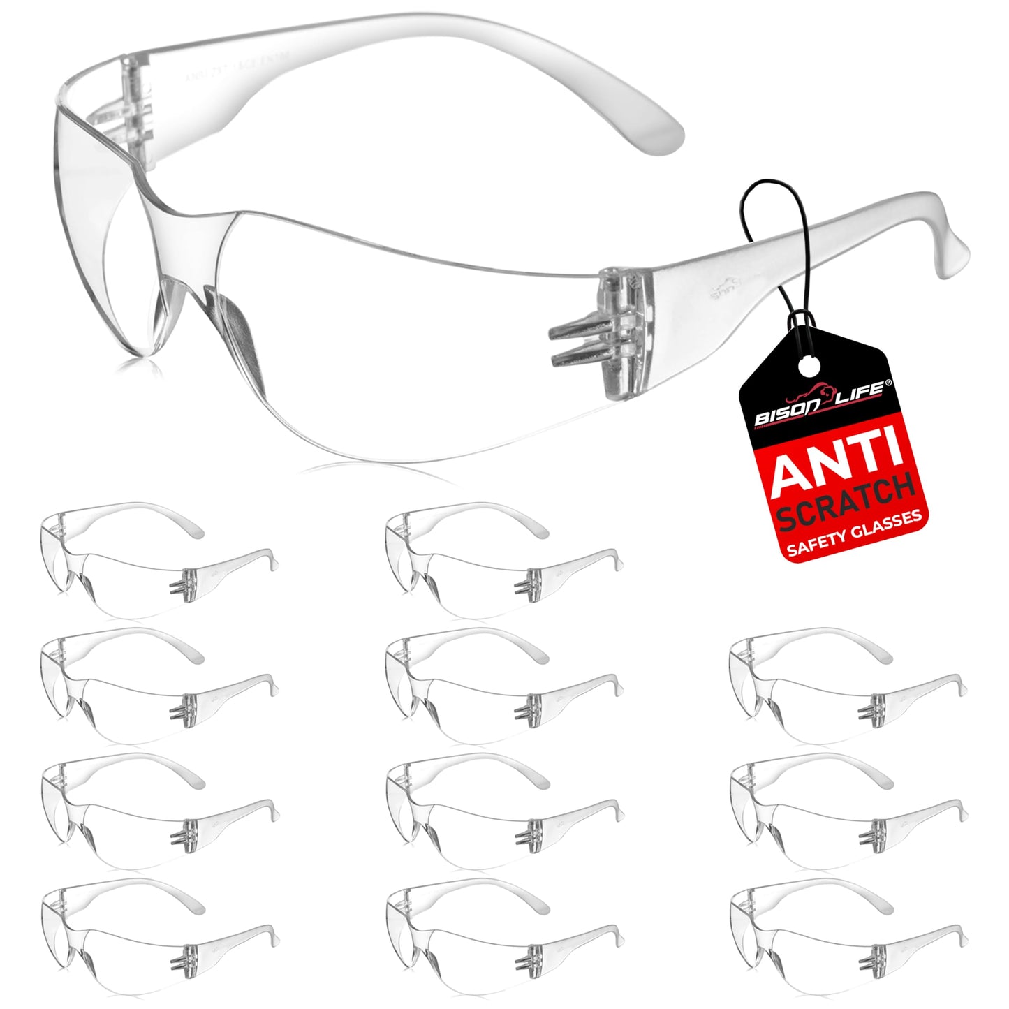 BISON LIFE Clear Safety Glasses – 12 Pack Box