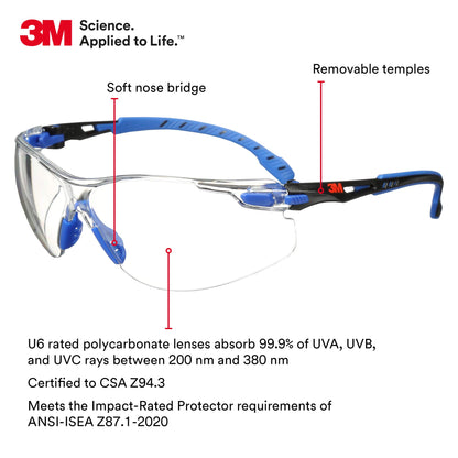 3M Solus 1000 Anti-Fog Safety Glasses – Clear Lens, Blue/Black Frame