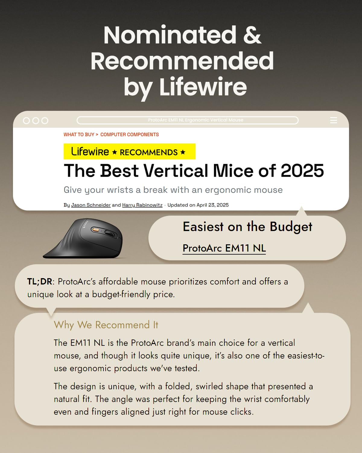 ProtoArc EM11 Vertical Ergonomic Bluetooth Mouse – Black