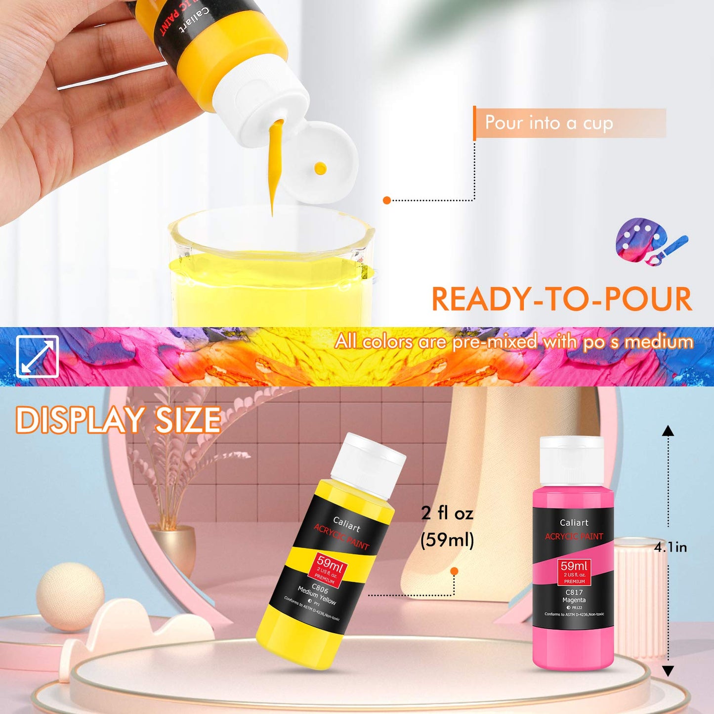 Caliart 24 Acrylic Paint Set with 12 Brushes for Crafts