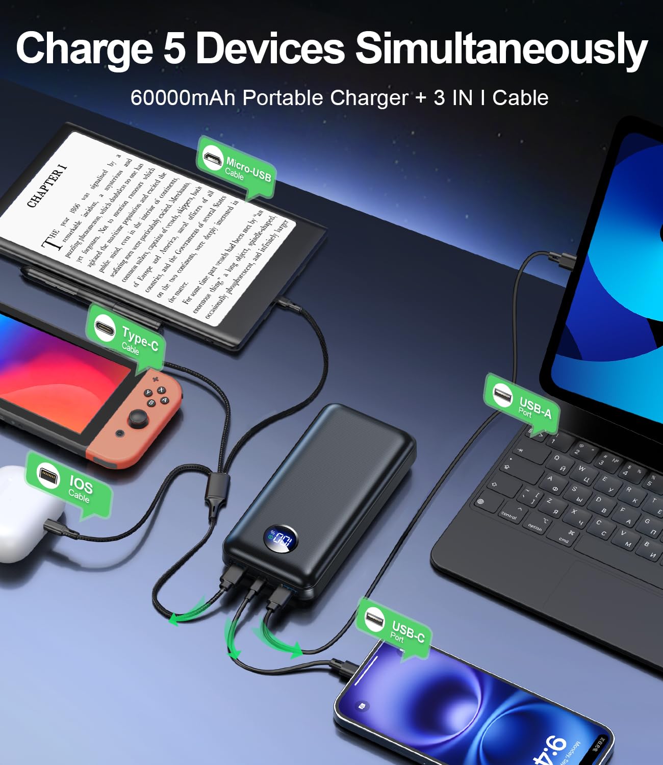 60000mAh Power Bank with Built-in Cables – Fast Charging