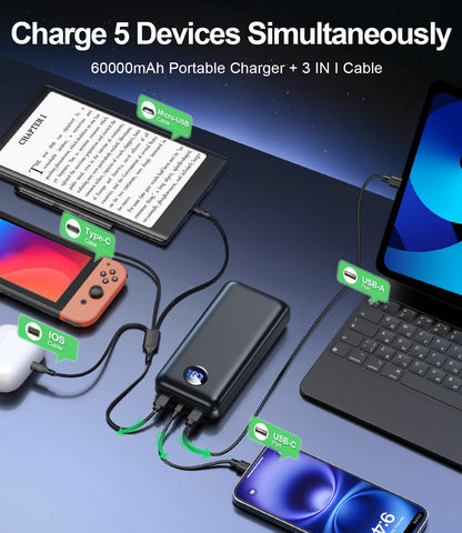 60000mAh Power Bank with Built-in Cables – Fast Charging