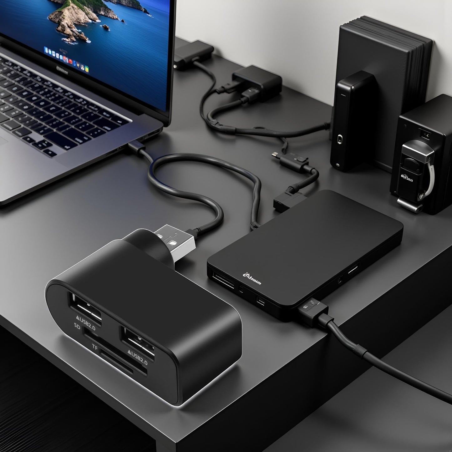 4-in-1 USB 2.0 Rotating Hub & Card Reader Dock – Black