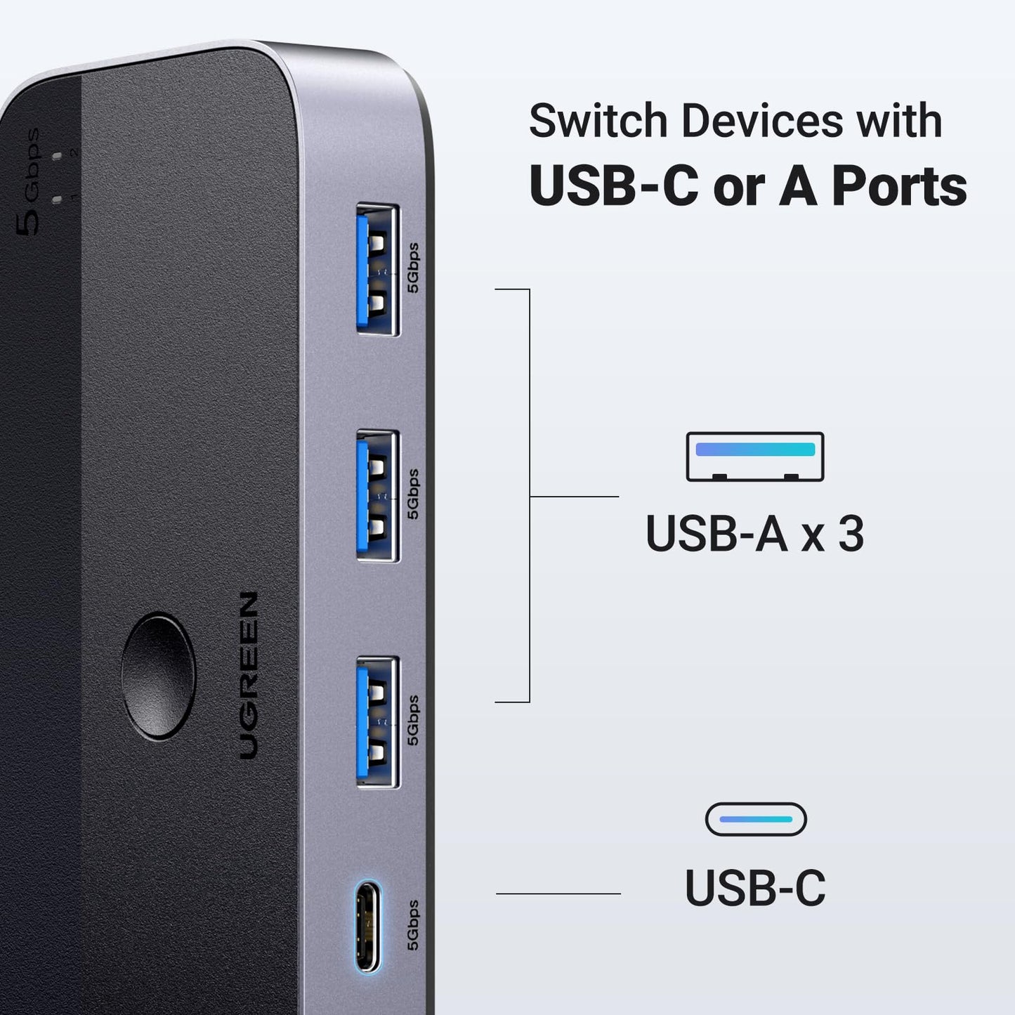 UGREEN 4-Port USB 3.0 Switch for 2 Computers – Includes 2 Cables