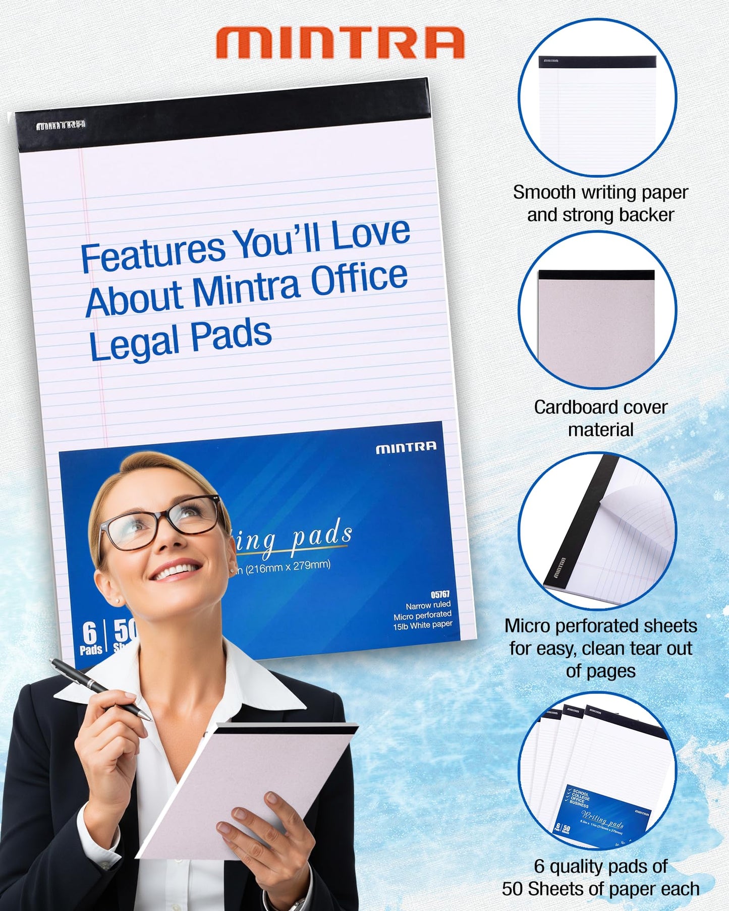 Mintra Office Legal Writing Pads – White, 6 Pack