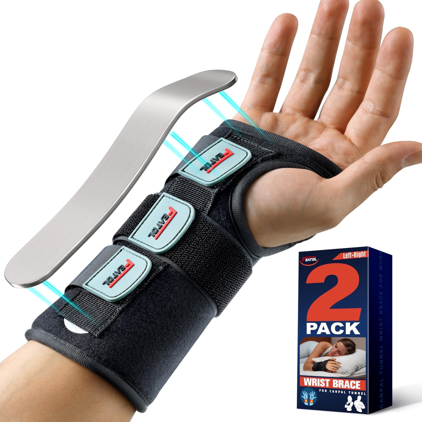 FEATOL 2-Pack Carpal Tunnel Wrist Brace with Metal Splint – M/L