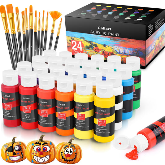 Caliart 24 Acrylic Paint Set with 12 Brushes for Crafts