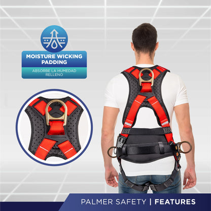 Palmer Safety Full Body 5-Point Harness with D-Rings – Red, Medium