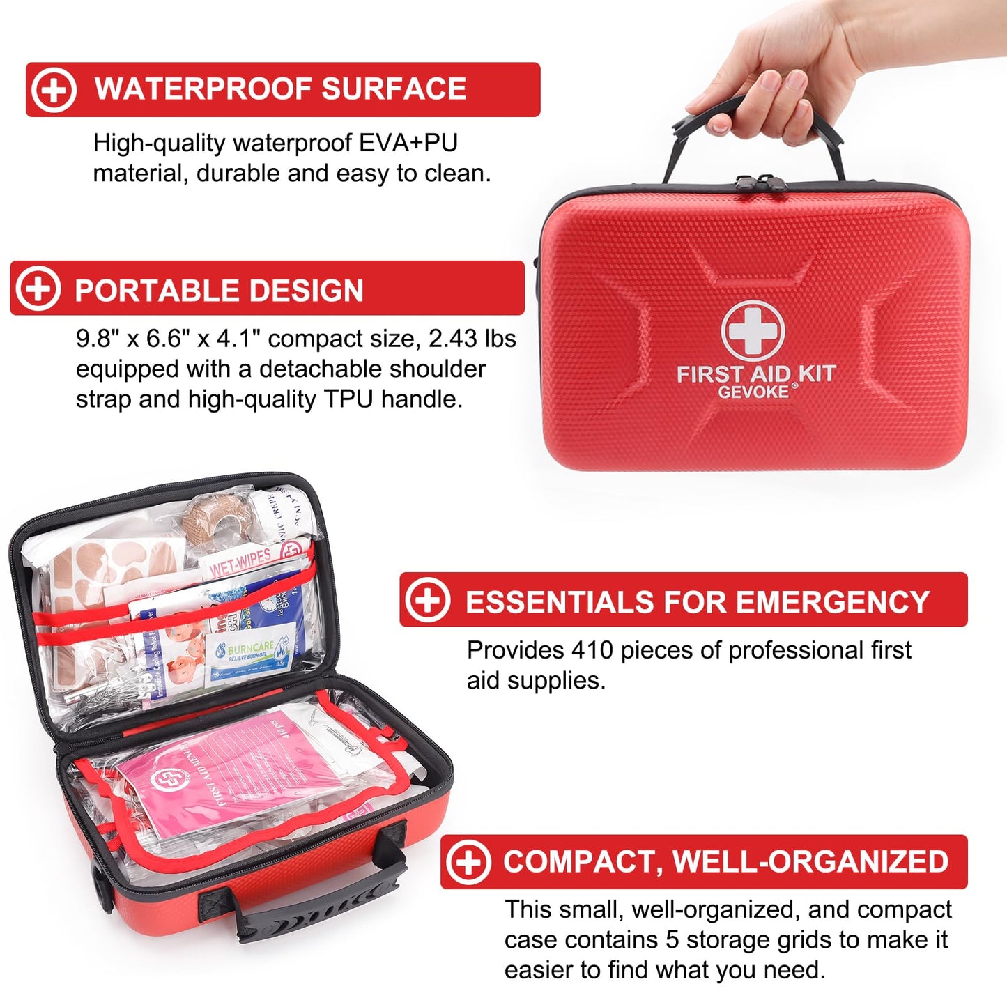 Gevoke 410-Piece Waterproof First Aid Kit – Red
