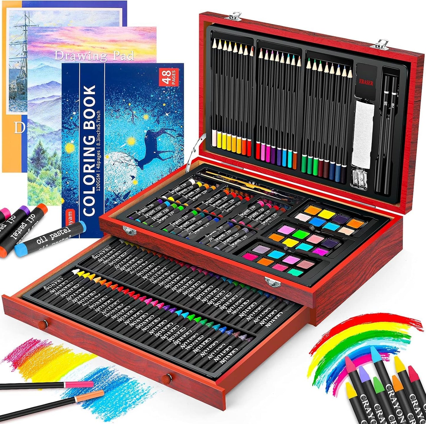 iBayam 150-Piece Deluxe Wooden Art Set with Sketch Pads