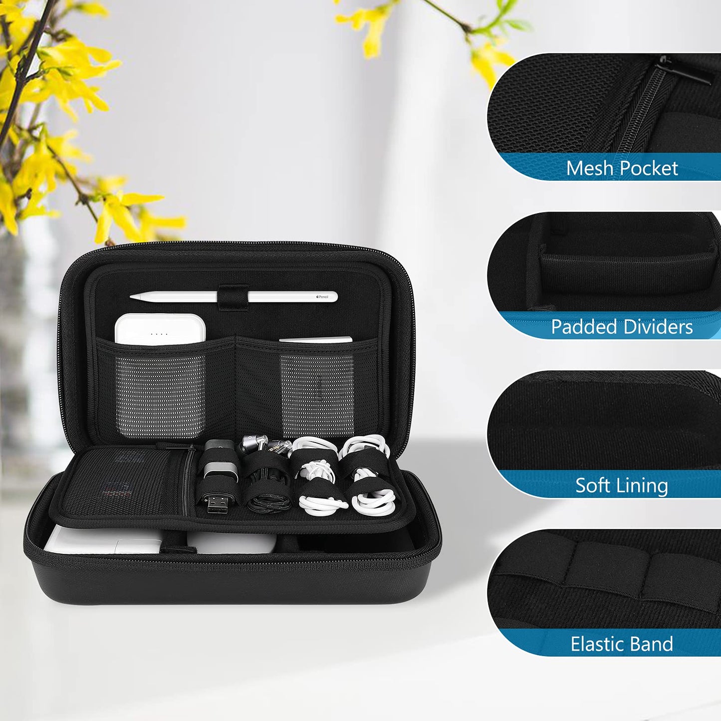 ProCase Hard Travel Electronic Organizer Bag – Large, Black
