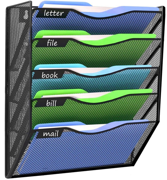 Kuntine.B Wall File Organizer, 5-Tier Hanging Magazine Holder – Black