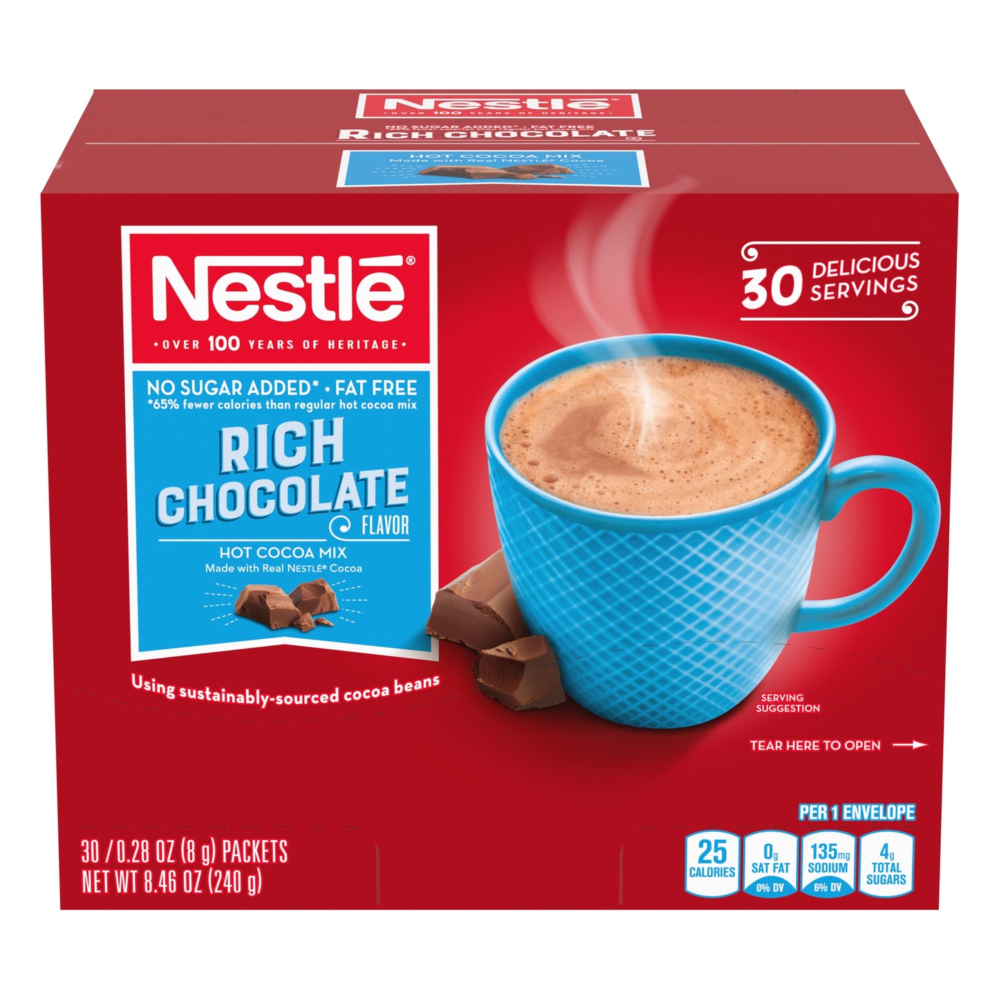 Nestle Hot Cocoa Packets, No Sugar Added, 30 Pack