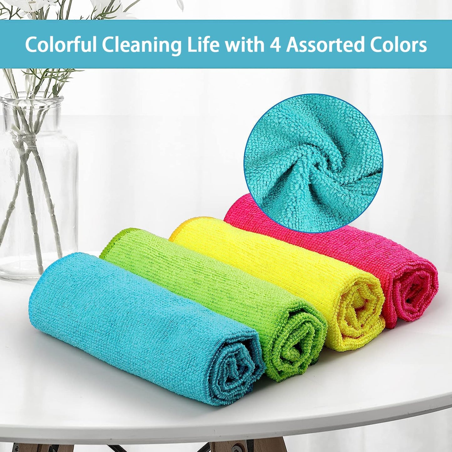 Microfiber Cleaning Cloths, 12 Pack – 4 Colors, Soft & Absorbent Towels