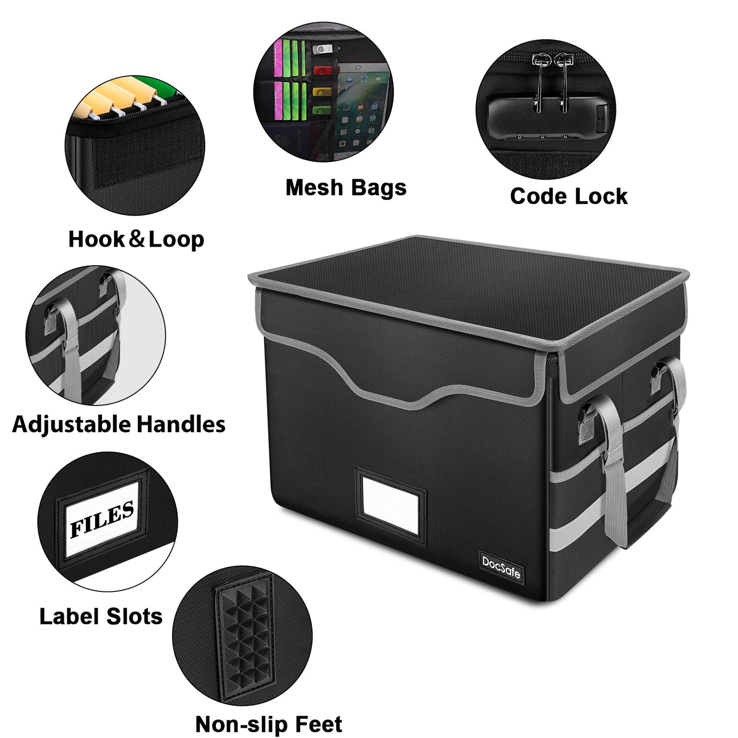 DocSafe Fireproof File Storage Box with Lock & Handle – Black