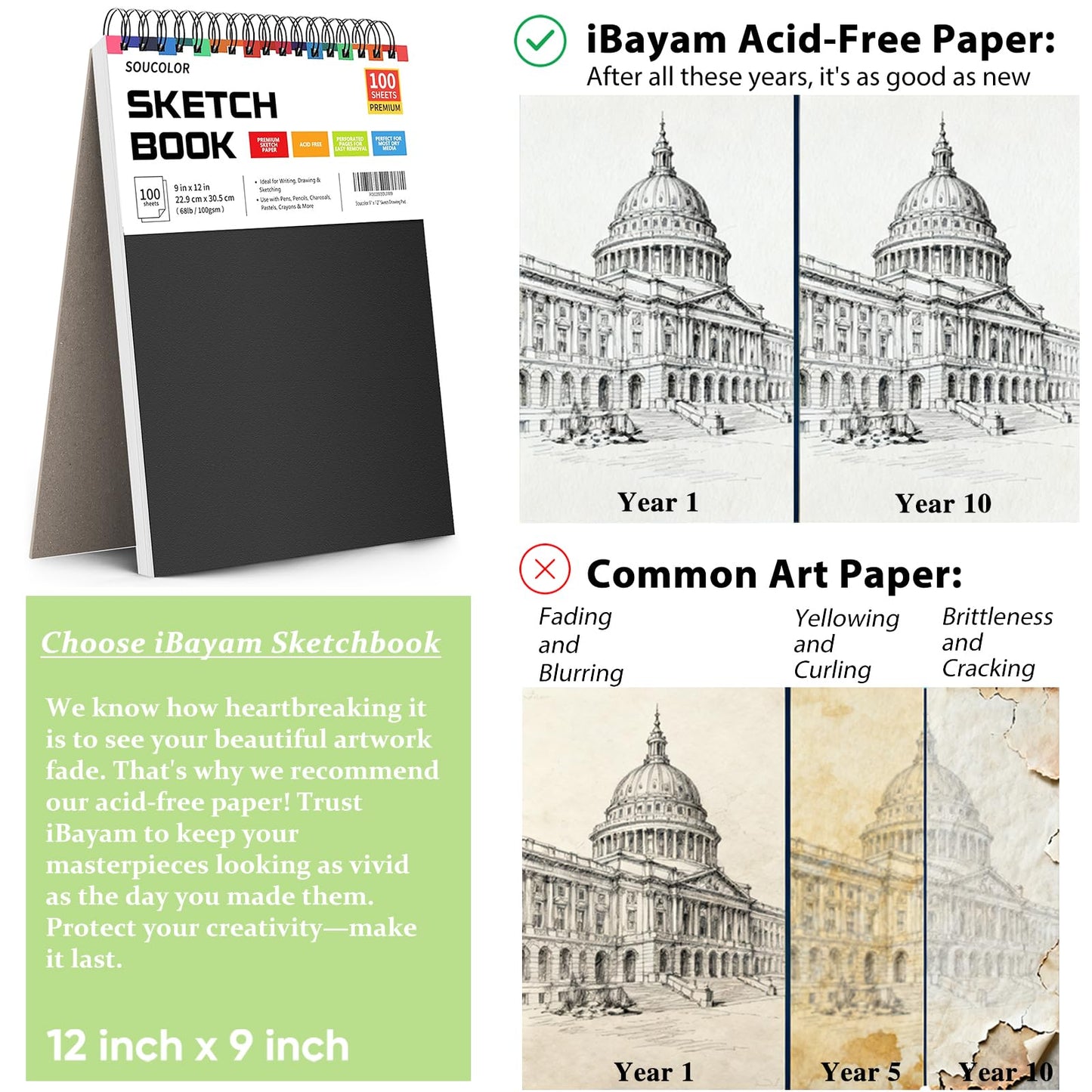 Soucolor Spiral Sketch Book – 9x12", 100 Sheets