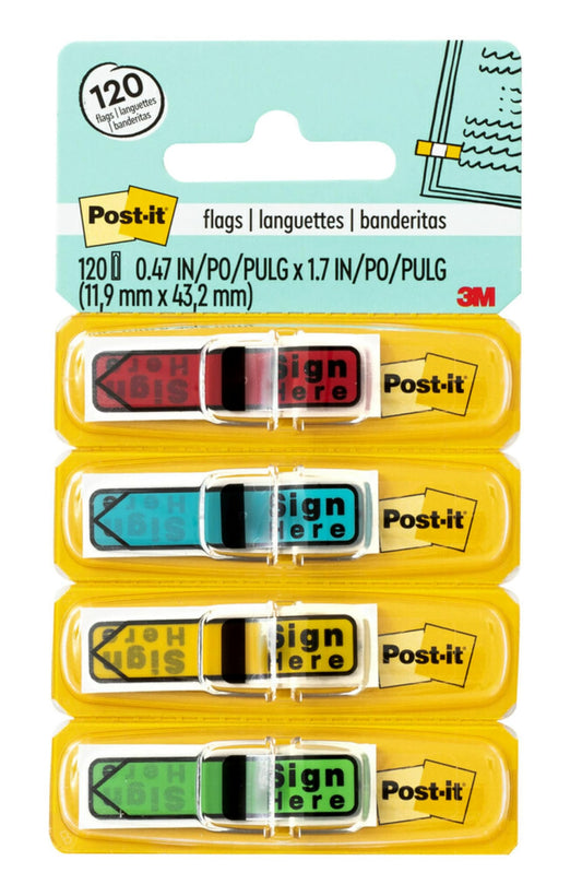 Post-it “Sign Here” Message Flags – 4 Dispensers, Assorted Colors
