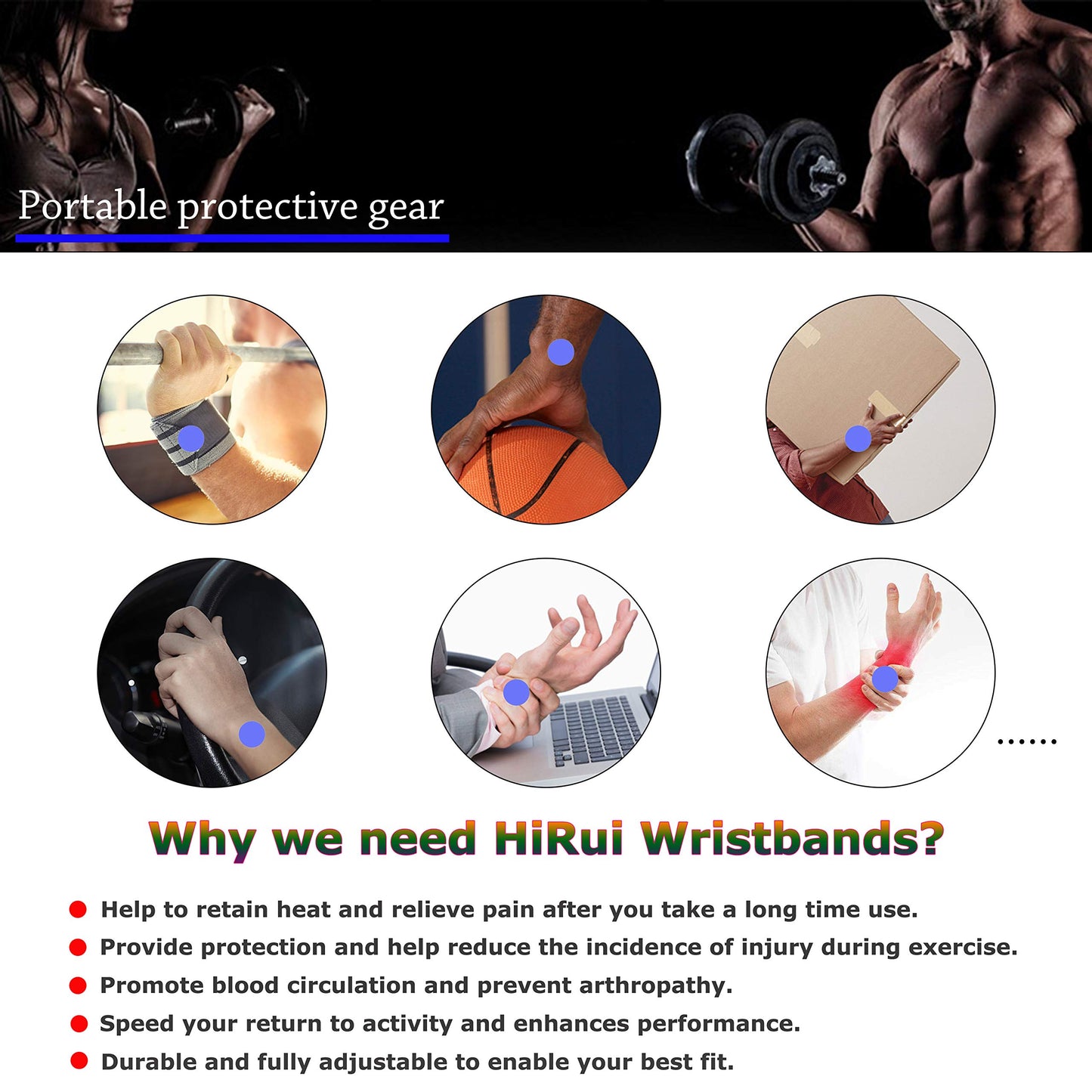 HiRui 2-Pack Adjustable Wrist Compression Brace for Pain Relief – Black