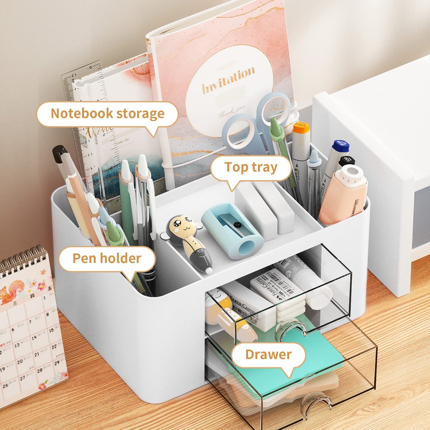 Marbrasse Pen Organizer with Drawer – White