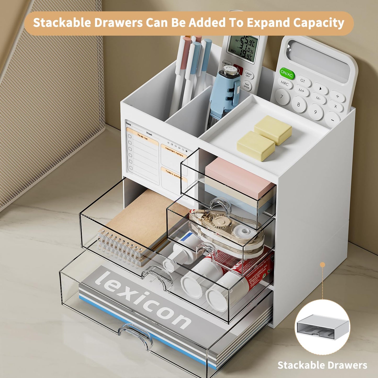 QIYVLOS Desk Organizer with 3 Drawers – White