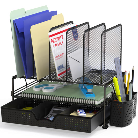 Simple Houseware Mesh Desk Organizer with Drawer & File Sections – Black