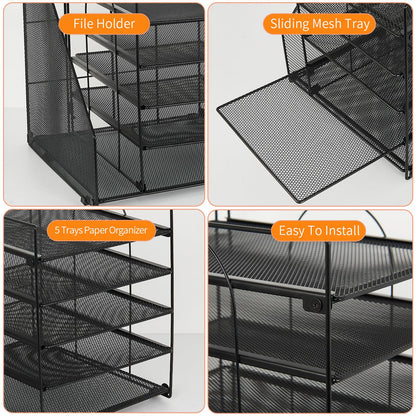LEKETREE 5-Tier Desk Letter Tray Organizer with File Holder – Black