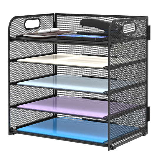 Supeasy 5-Tray Mesh Paper Organizer with Handle – Black